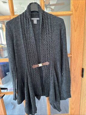 Kate & Mallory Dark Charcoal Cable-Knit Shawl Cardigan with Buckle